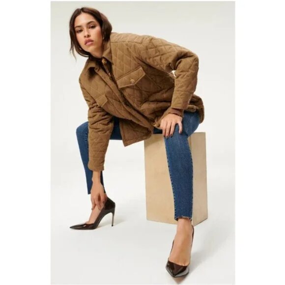 Good American Quilted Faux-sherpa Lined Shacket In Brown 00/0 XS/S - Picture 5 of 16